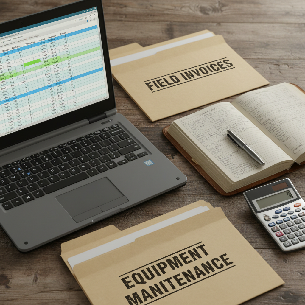 A close-up, overhead photographic view of a robust accounting setup tailored for an oilfield service company. A heavy-duty gray laptop shows a detailed cash flow spreadsheet, surrounded by thick manila folders stamped “Field Invoices,” “Fuel Expenses,” and “Equipment Maintenance.” A rugged, slightly worn leather ledger book lies open with precise handwritten entries, next to a solid metal pen and a solar-powered calculator. The desk surface is textured reclaimed wood, adding subtle industrial character. Soft studio lighting from above creates minimal shadows, evenly illuminating the documents and screens. The composition follows the rule of thirds, with the laptop screen as the focal point. The atmosphere feels professional, organized, and reliable, emphasizing systematic bookkeeping for demanding field environments, captured in clean photographic realism.