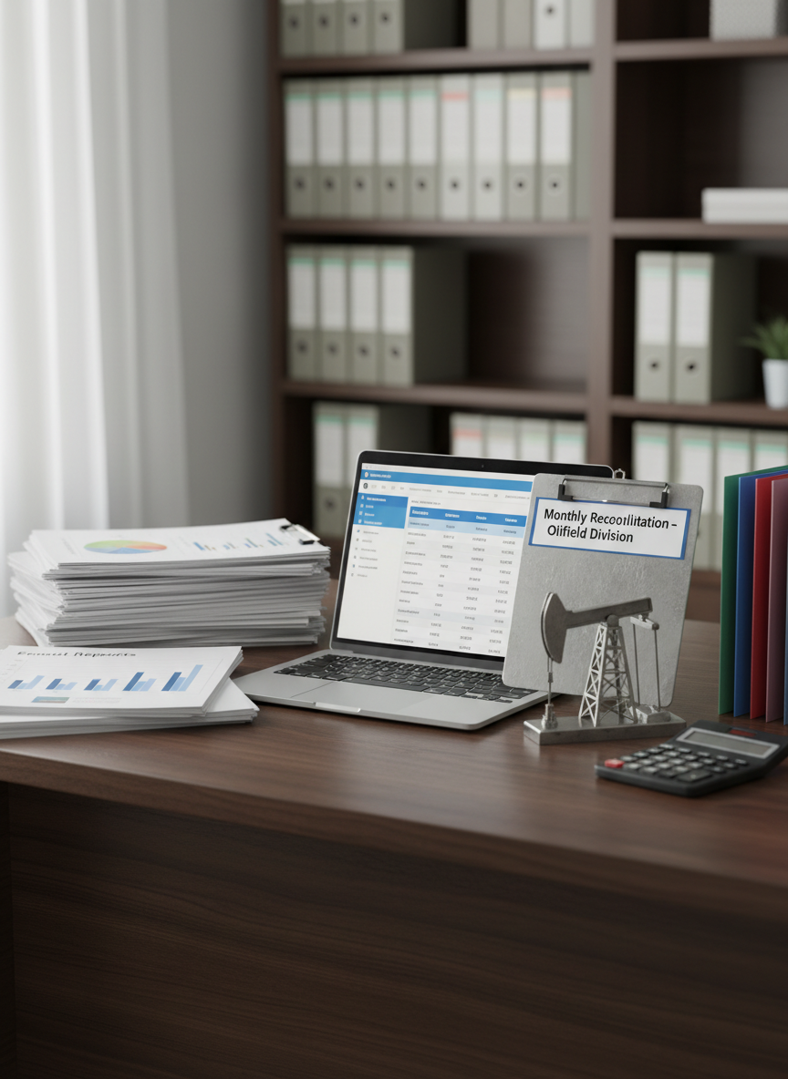 A meticulously organized oilfield contractor’s workspace seen from an eye-level perspective, featuring a large dark-wood desk with a smooth matte surface. On the desk, neatly stacked financial reports with clear charts, an open laptop displaying a clean bookkeeping dashboard, and a sturdy metal clipboard labeled “Monthly Reconciliation – Oilfield Division.” A small model oil pump jack in brushed steel sits beside a calculator and a tidy row of colored file folders. Soft, diffused daylight enters from an unseen window, casting gentle, professional shadows and subtle reflections across the desk. The background is softly blurred shelves holding neatly labeled binders. Photographic realism, clean and modern aesthetic, calm and trustworthy mood, with a moderate depth of field emphasizing accuracy and order.