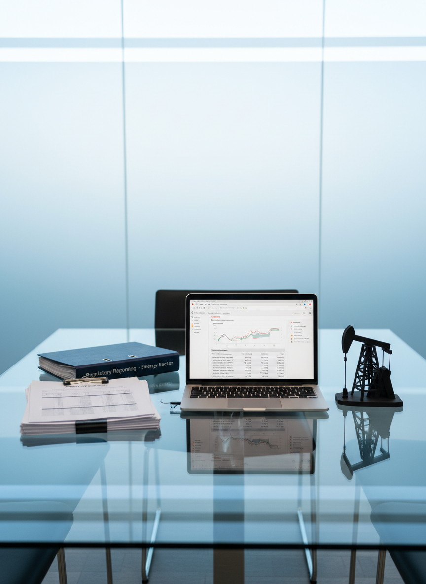 A modern, glass-topped conference table in a quiet office, photographed at a slightly elevated angle, displaying the key tools of oilfield-focused bookkeeping services. On the table sit a slim, silver laptop showing a professional accounting software dashboard, a stack of crisp printed financial statements bound with a black metal clip, and a thick compliance binder embossed with “Regulatory Reporting – Energy Sector.” Beside them, a small, matte-black 3D-printed oil rig silhouette anchors the industry theme. Cool, indirect daylight filters through frosted glass in the background, creating soft highlights on the glass surface and understated reflections of the documents. The composition is clean and minimalist, with sharp focus throughout. The mood is confident and corporate, emphasizing expertise and clarity through photographic realism.