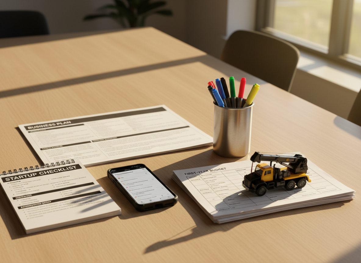 A detailed, photographic scene of a business startup planning session for an oilfield contractor, arranged without any people. A wide, light-oak table is covered with neatly aligned items: a spiral-bound “Startup Checklist” booklet with sections for licensing, insurance, and bookkeeping setup; a blank, high-quality business plan template with typed headings; a rugged smartphone displaying an email inbox titled “Vendor Contracts”; and a sturdy metal cup holding color-coded pens. A small, black-and-yellow toy oil service truck rests atop a stack of “First-Year Budget” worksheets. Warm, late-afternoon sunlight streams from the right, casting elongated, calm shadows and a golden tone over the documents. Shot from a slightly elevated angle with moderate depth of field, the composition feels optimistic, organized, and growth-focused, reflecting professional guidance and clarity.