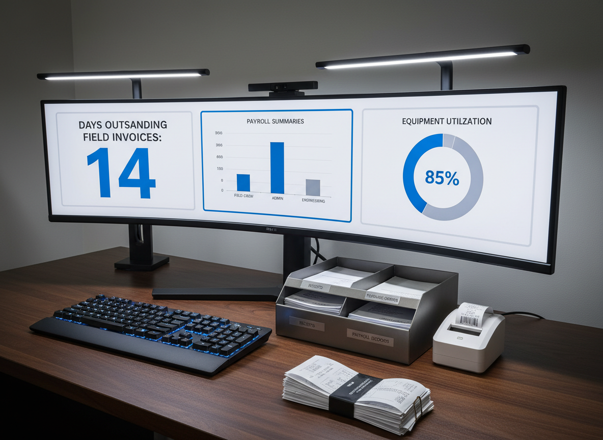 An immersive, photographic desktop scene devoted to streamlining operations for a mid-size oilfield service company. A large, ultra-wide monitor displays a clean dashboard of KPIs: days outstanding on field invoices, payroll summaries, and equipment utilization charts, all using subtle blue and gray tones. Below, a mechanical keyboard sits on a dark walnut desk, alongside a labeled metal organizer tray separating “Receipts,” “Purchase Orders,” and “Payroll Records.” A compact thermal receipt scanner stands ready beside a stack of fuel and lodging receipts secured with a steel binder clip. Cool, even LED desk lighting creates a crisp, shadow-controlled environment, highlighting edges and text clearly. Captured at an eye-level angle with sharp focus, the composition feels efficient, precise, and technology-forward, underscoring streamlined bookkeeping for demanding oilfield operations.